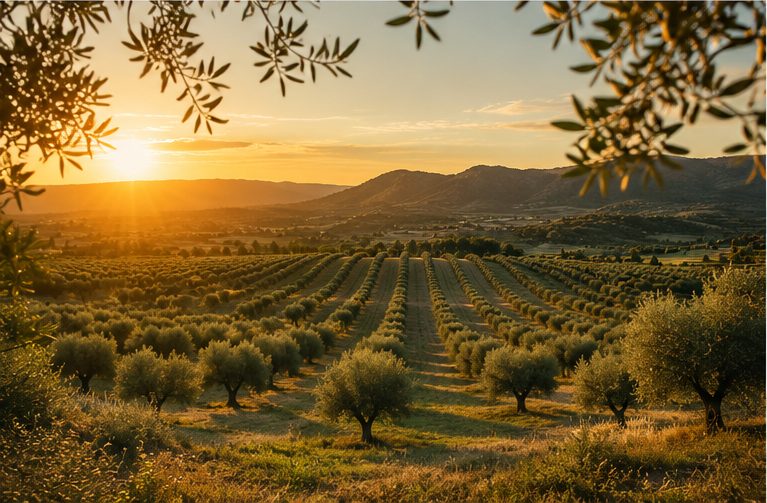 Olivar de la finca al atardecer, con hileras de olivos hasta las colinas del fondo
